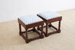 Pair of English Style Upholstered Oak Barley Twist Stools