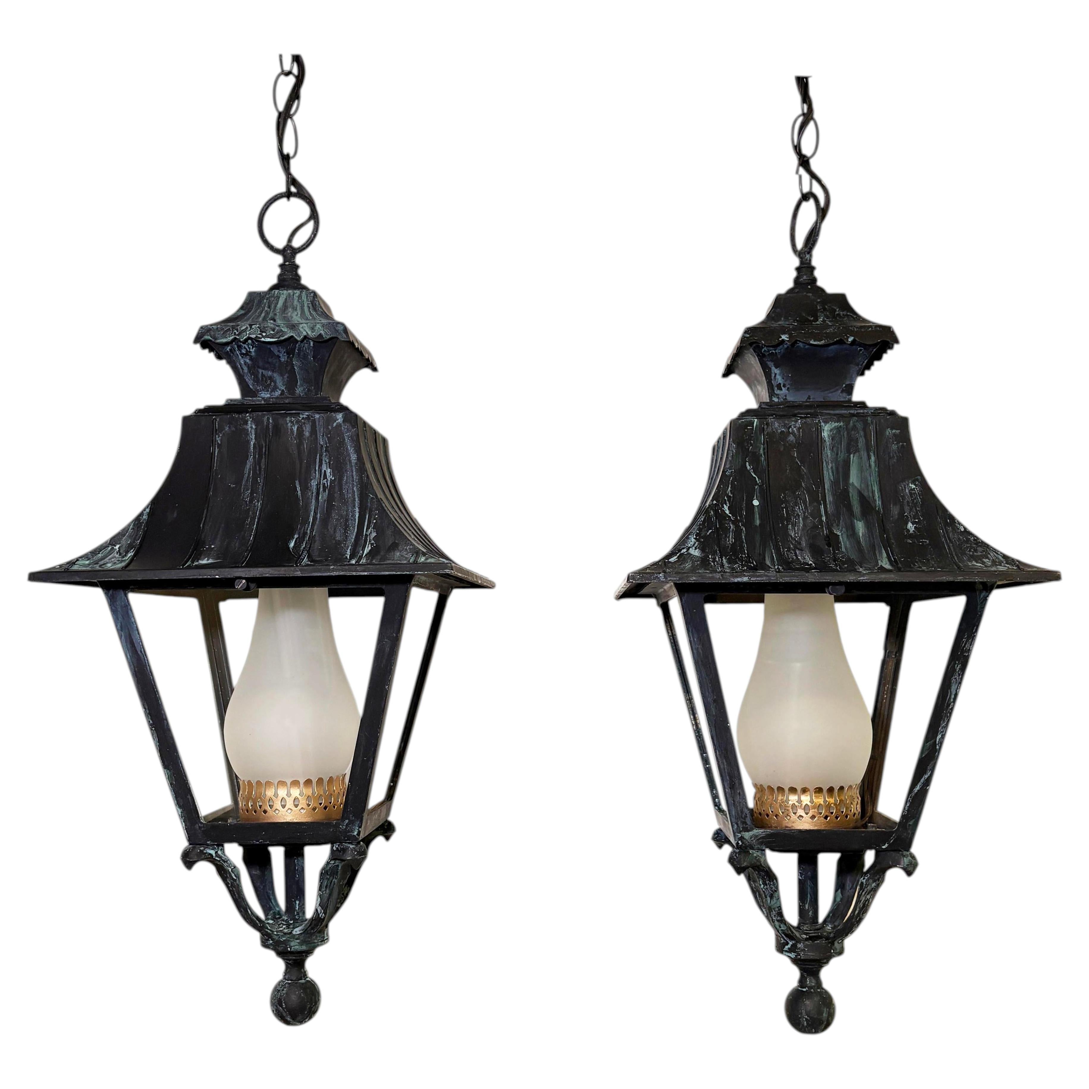 Pair of English Style Verdigris Lantern Chandeliers