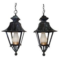 Pair of English Style Verdigris Lantern Chandeliers