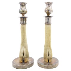 Pair of English Taxidermy Deer Hoof Candlesticks