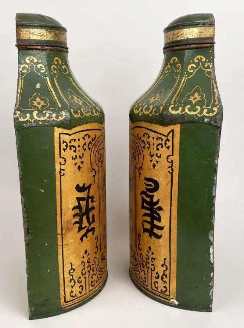 Hand-Painted Pair of English Tea Canisters in Tole, Demilune Shape