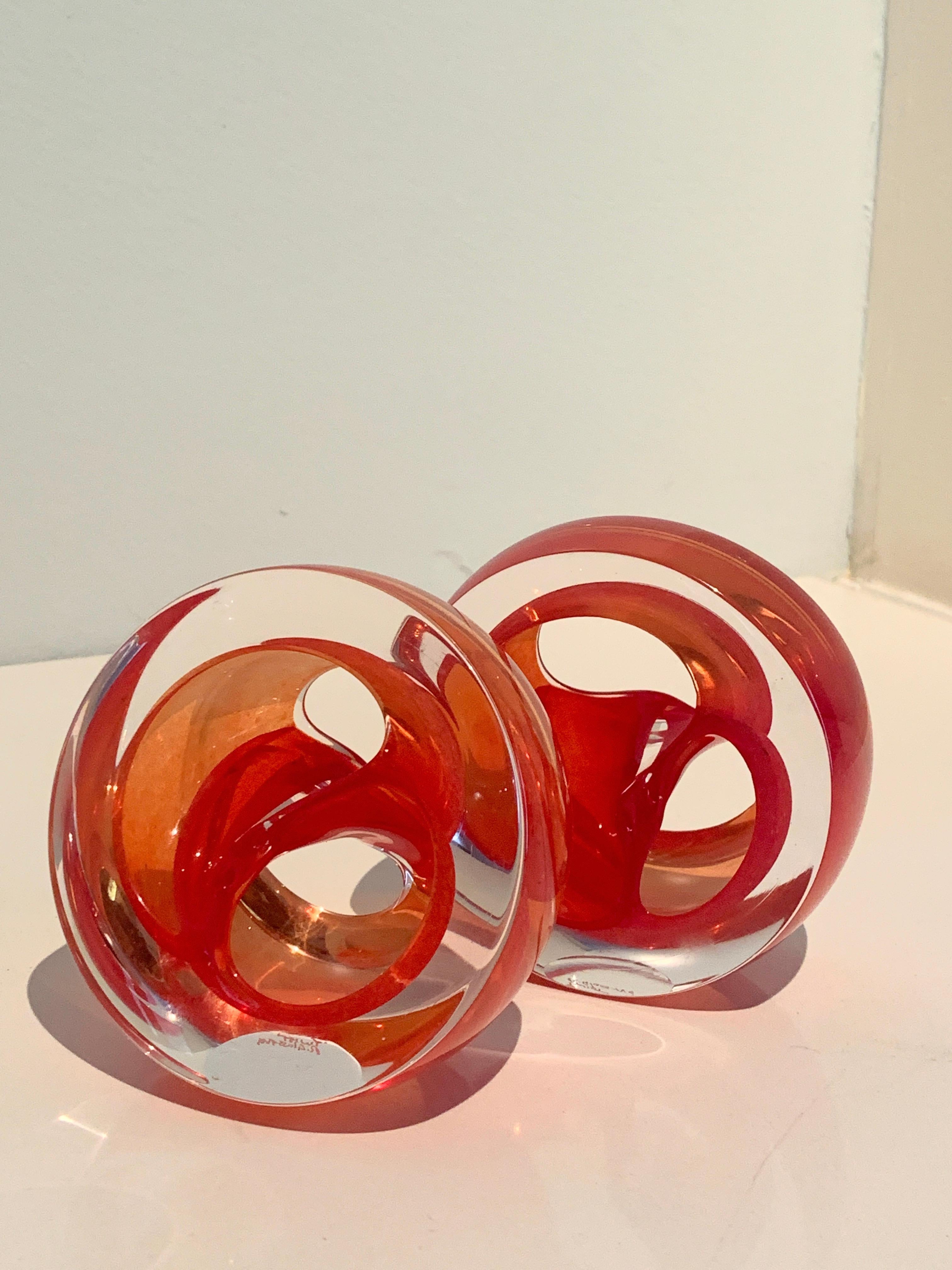 Modern Pair of English Teign Valley Red Art Glass Sculptures Paper Weight Bookends
