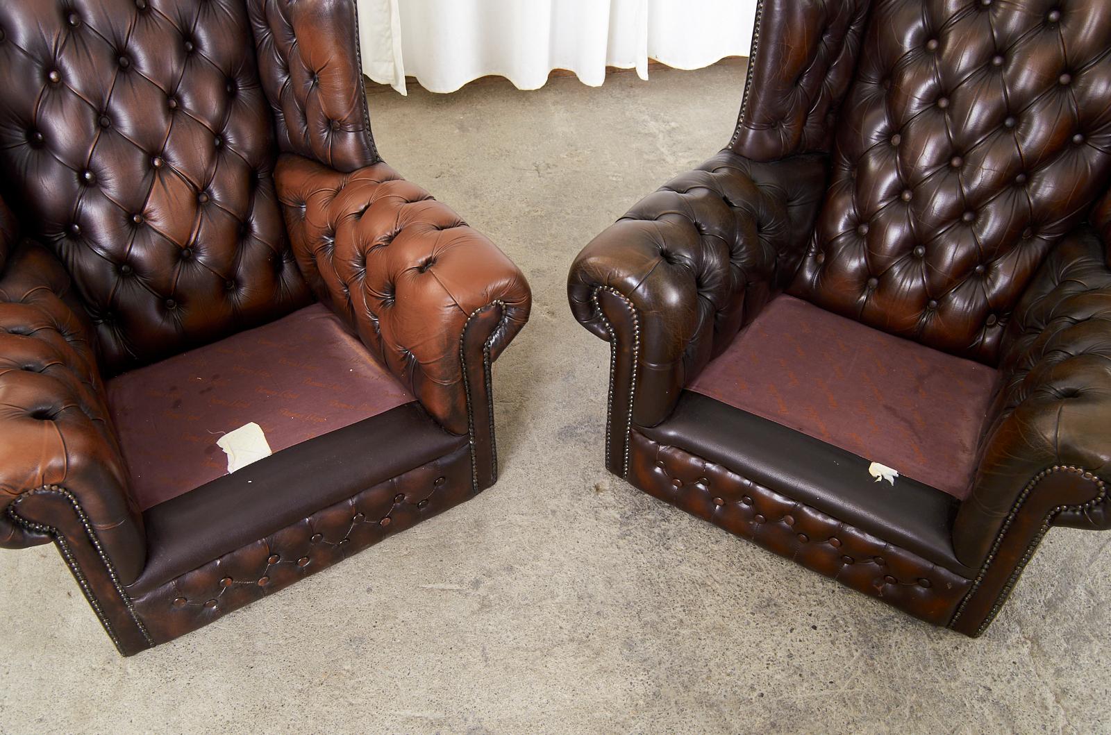Pair of English Thomas Lloyd Cigar Leather Chesterfield Wingback Chairs 2