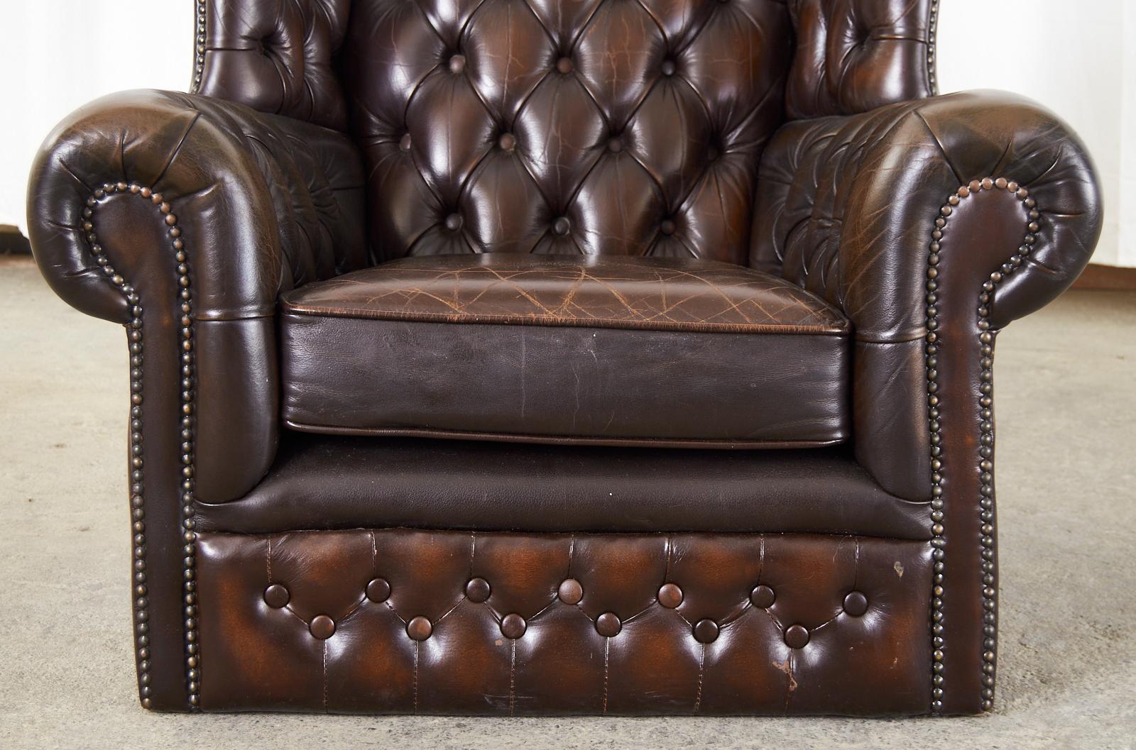Pair of English Thomas Lloyd Cigar Leather Chesterfield Wingback Chairs 5