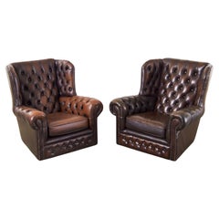 Paar englische Thomas Lloyd Zigarrenleder Chesterfield Wingback Chairs