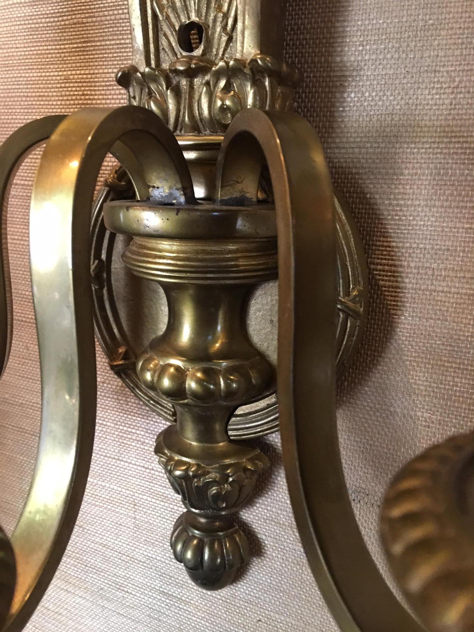 Pair of English Three-Light Bronze Sconces with Flame Top Motif, 20th Century 3