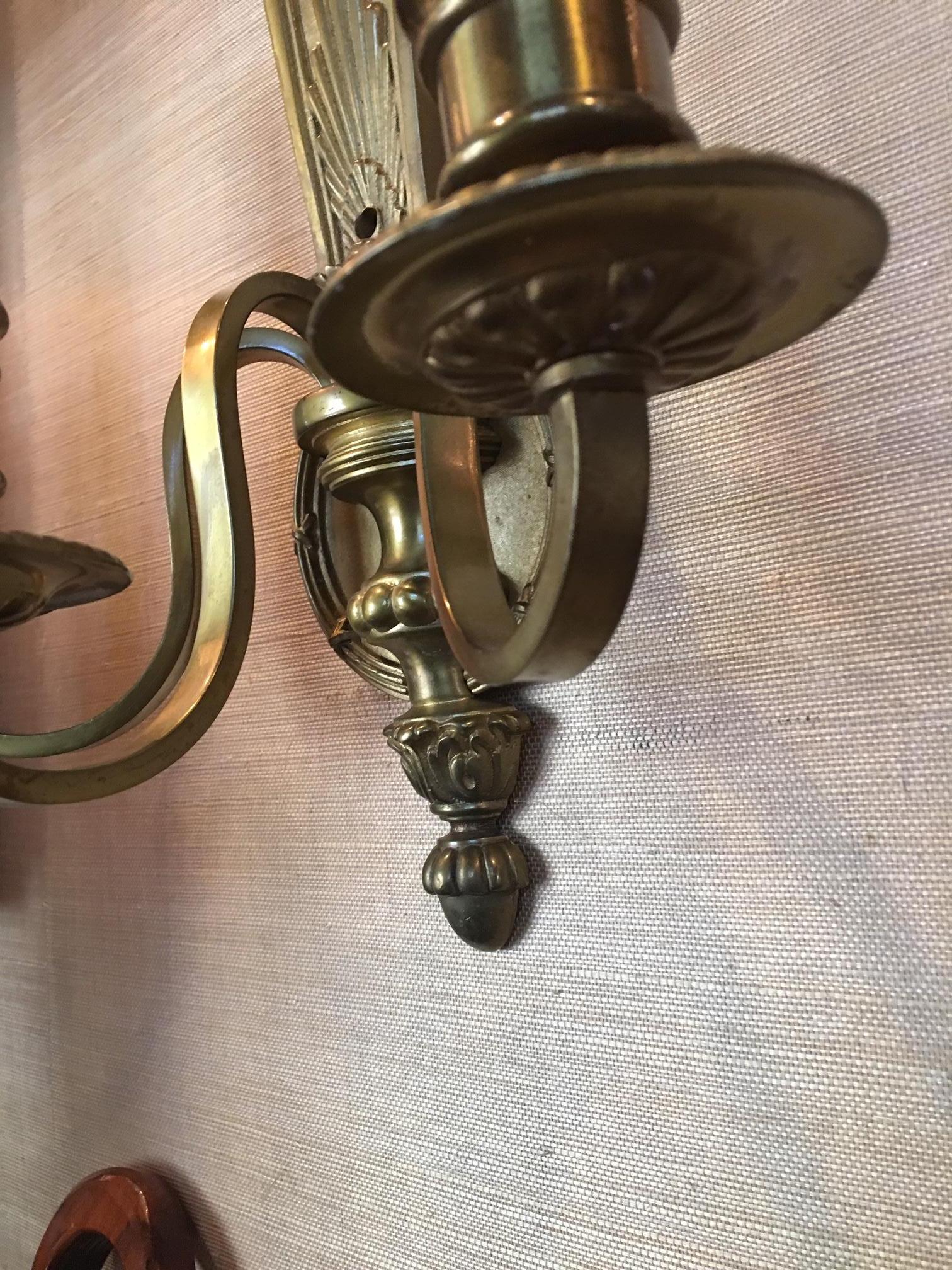 Pair of English Three-Light Bronze Sconces with Flame Top Motif, 20th Century 4