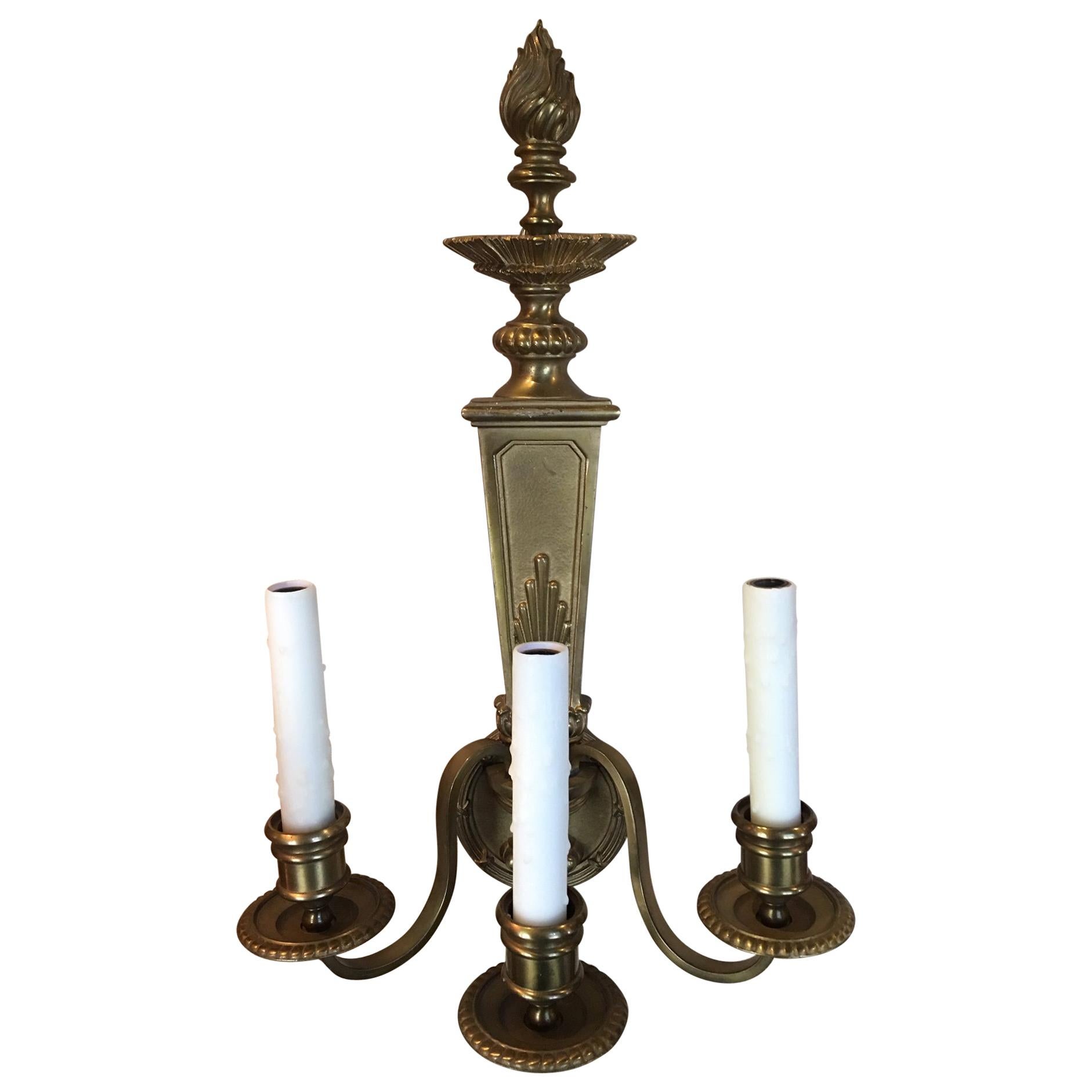 Pair of English Three-Light Bronze Sconces with Flame Top Motif, 20th Century