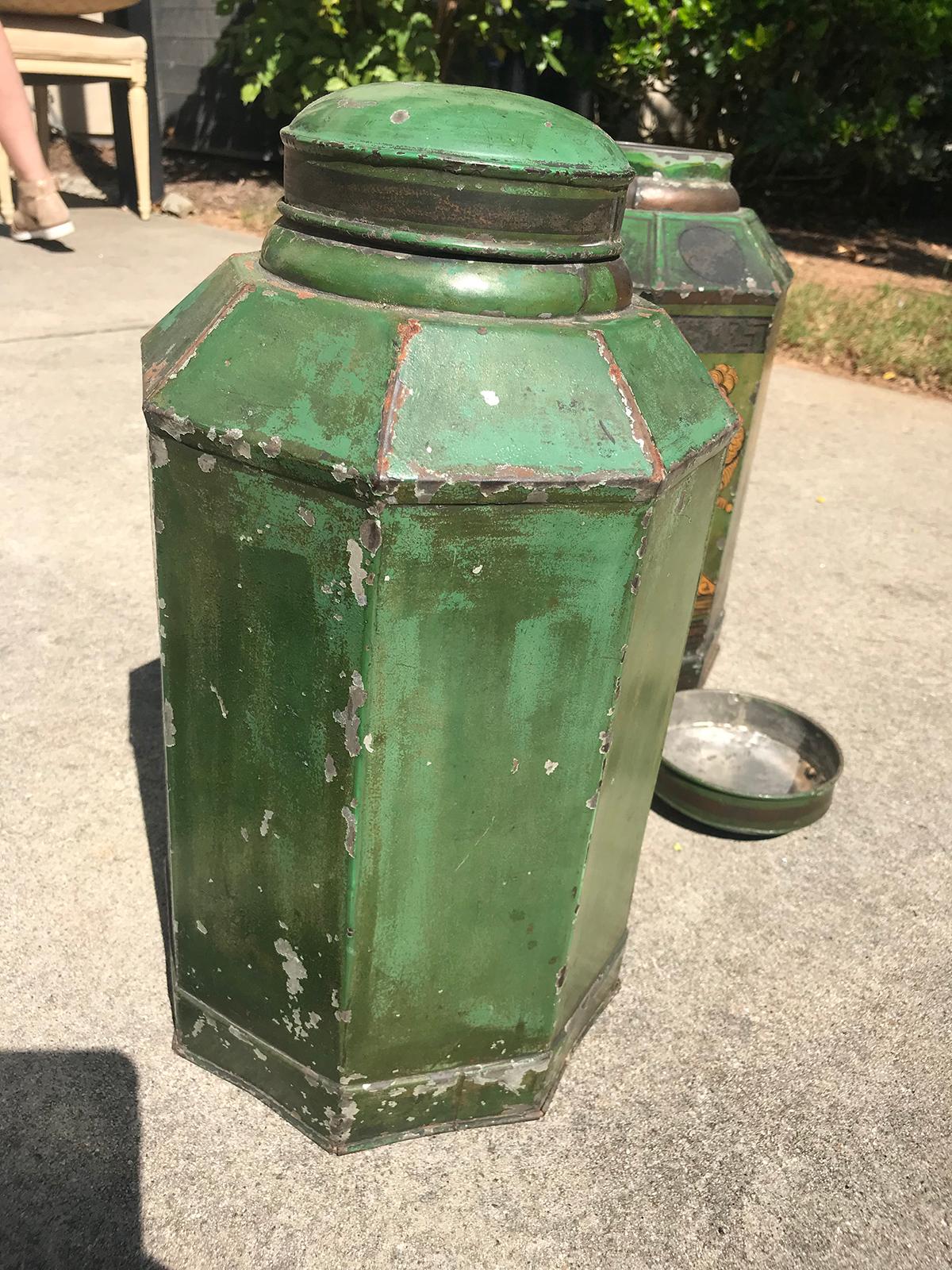 Pair of English Tole Tea Tins, Old Chipped Paint, circa 1830s 8