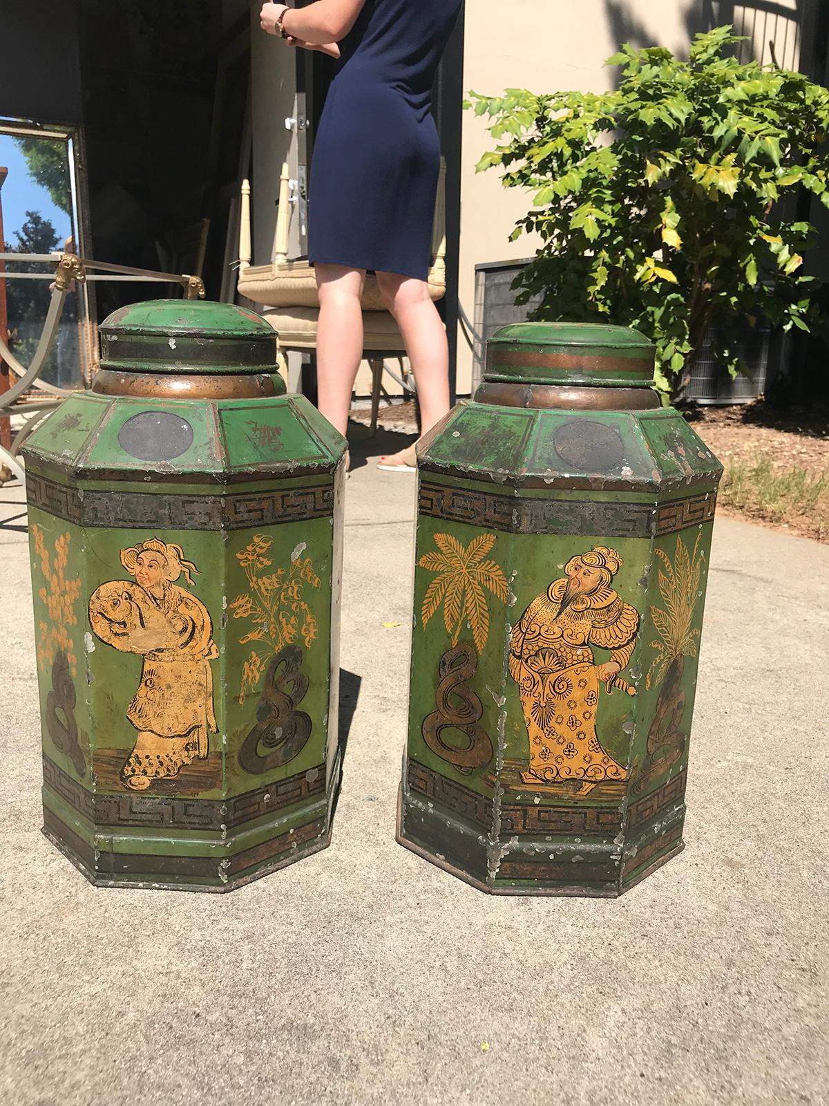 Pair of English Tole Tea tins, old chipped paint, circa 1830s.