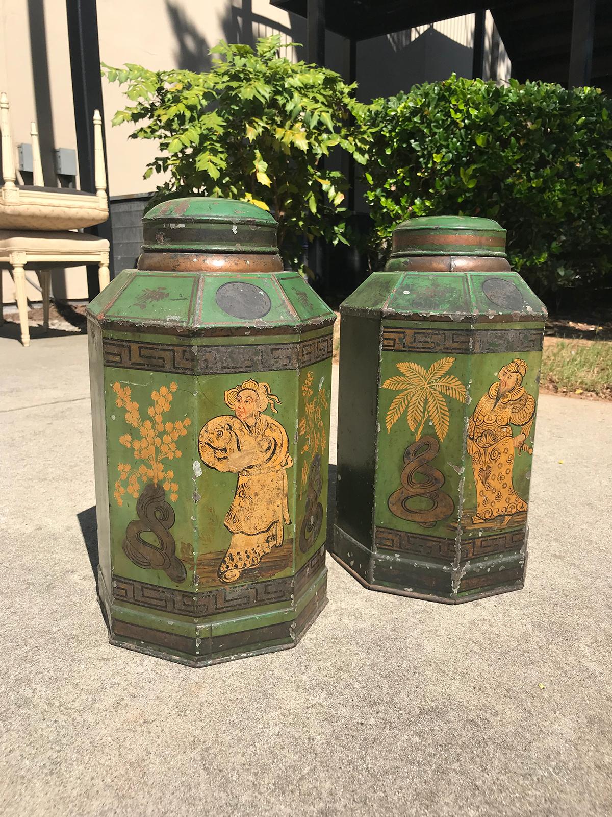 Pair of English Tole Tea Tins, Old Chipped Paint, circa 1830s 1
