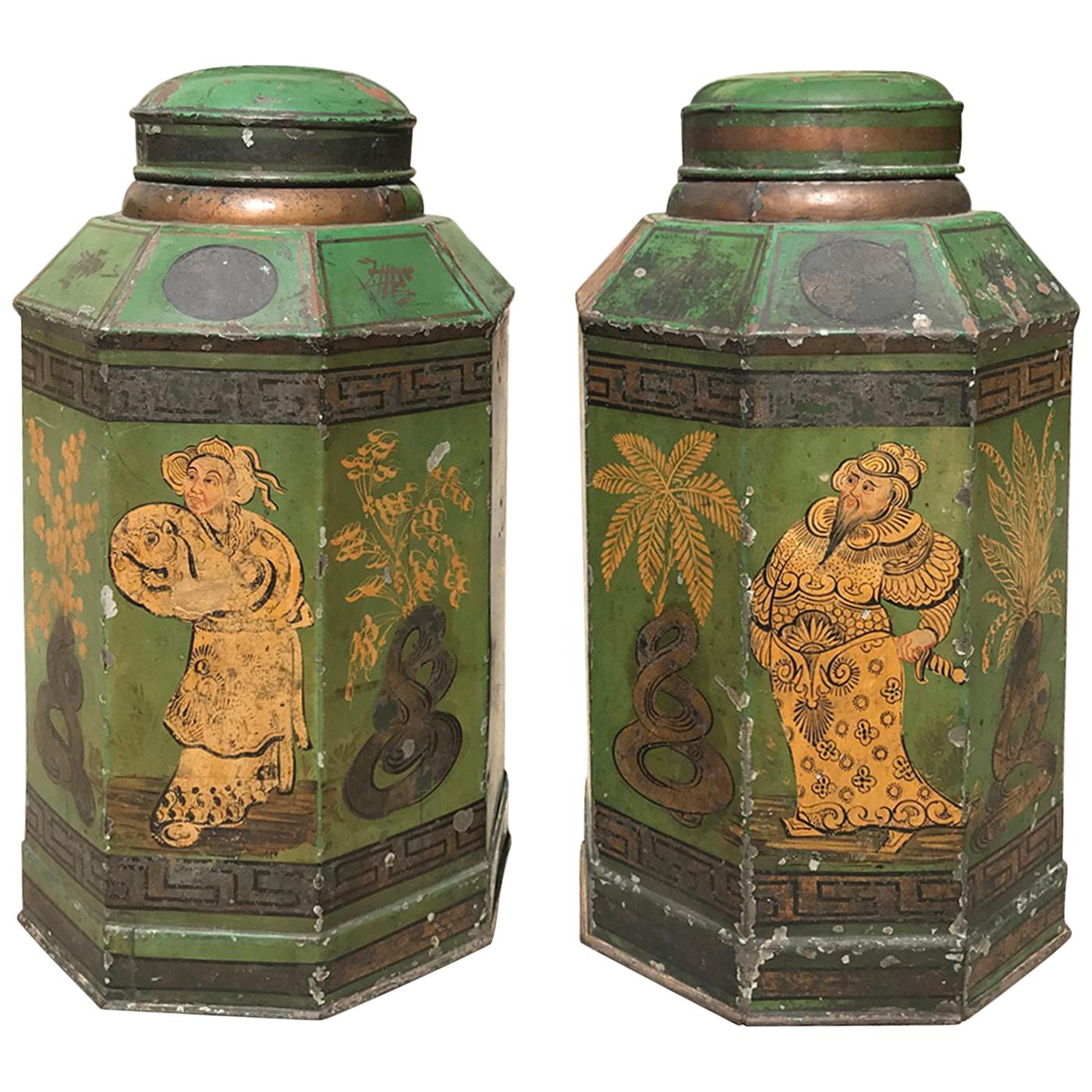 Pair of English Tole Tea Tins, Old Chipped Paint, circa 1830s