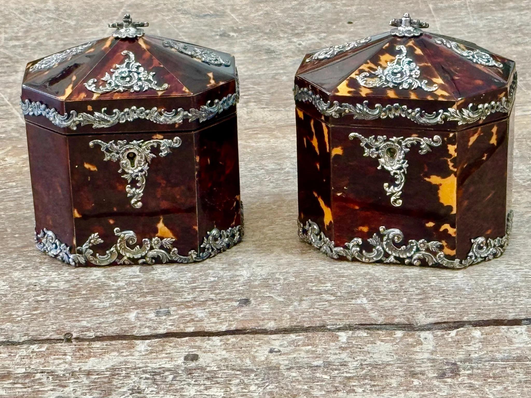 Pair of English Tortoise Shell Victorian Silver Mounted Tea Caddies c.1890 w/ Original Keys.

