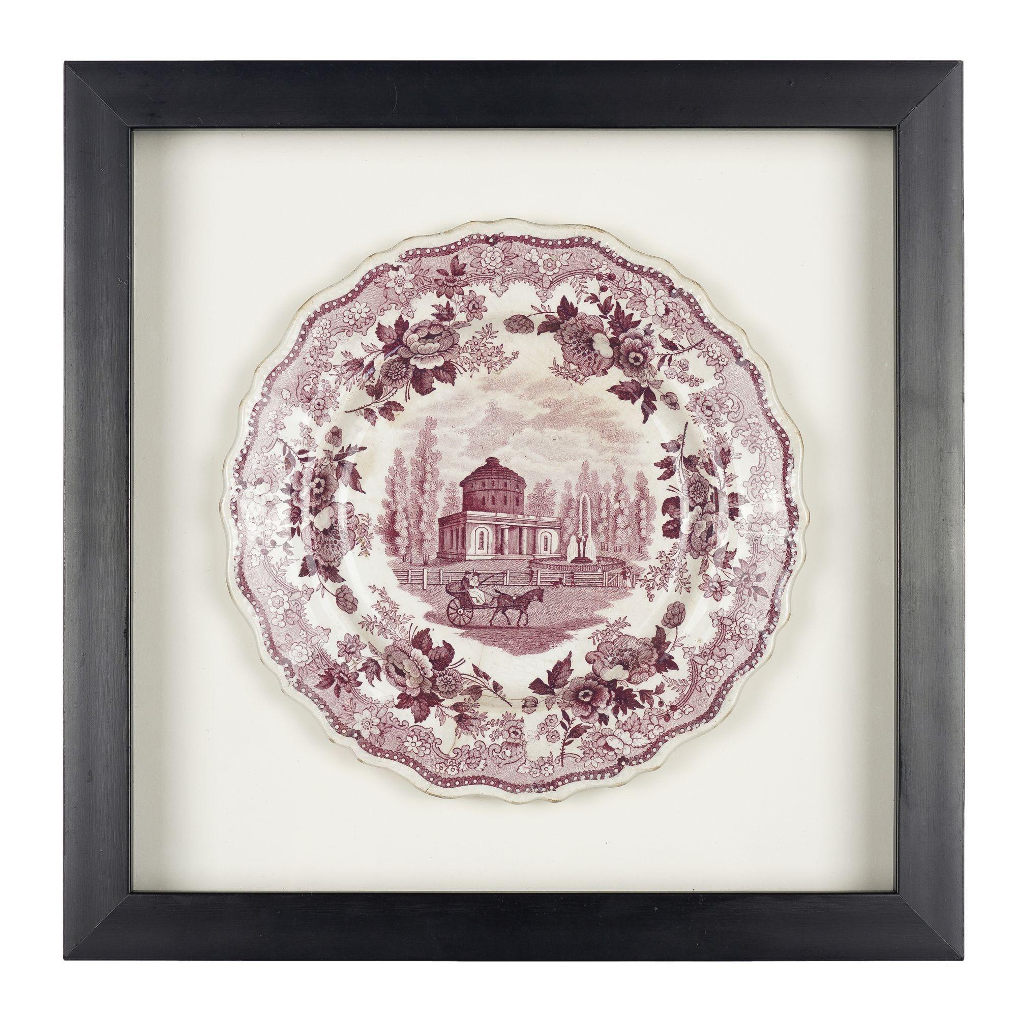 Pair of mulberry transfer tea plates, decorated with a view of the Philadelphia Water Works and the Race Bridge. The transfers are drawn from William Russell Birch's, 