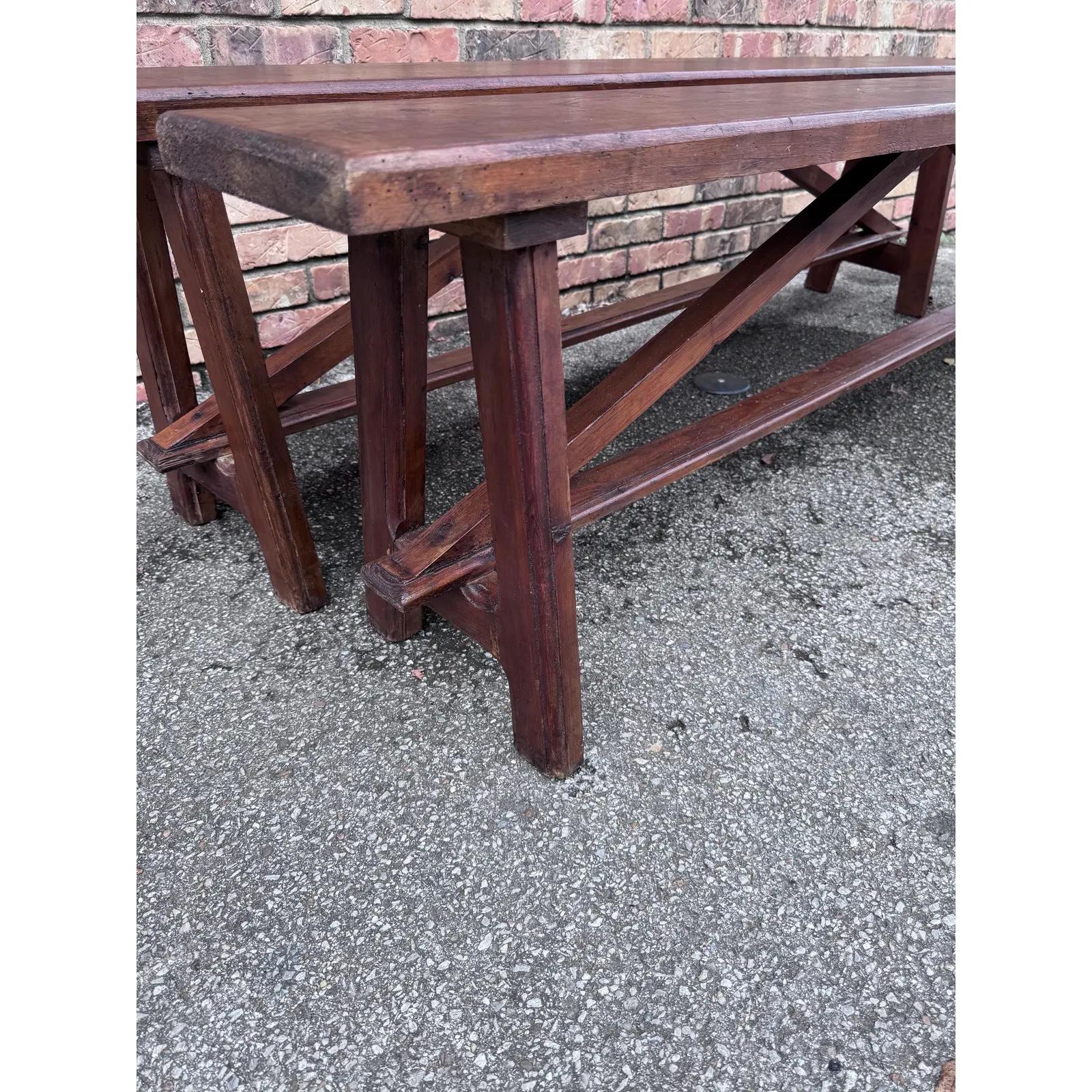 A matched pair of English dining table benches isn't easy to come by and we just love the trestle detail and the finish on these. The size and style can complement a cottage or modern farmhouse aesthetic as well as more modern transitional styles.