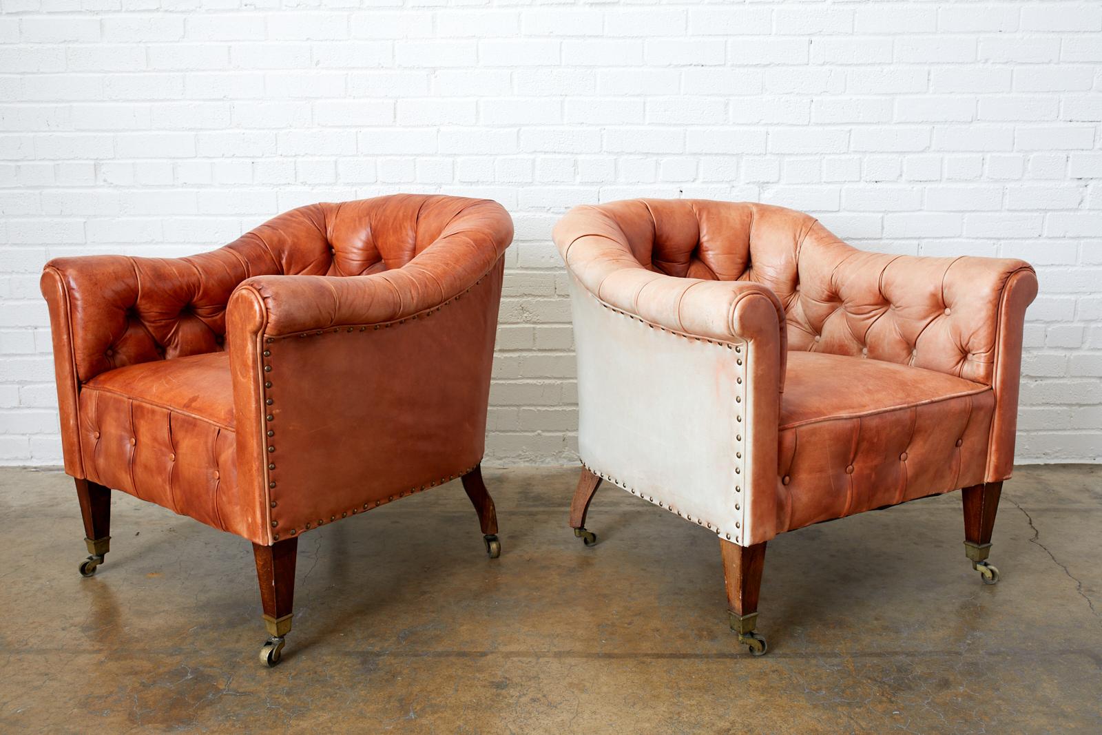 Pair of English Tufted Leather Chesterfield Club Chairs 5