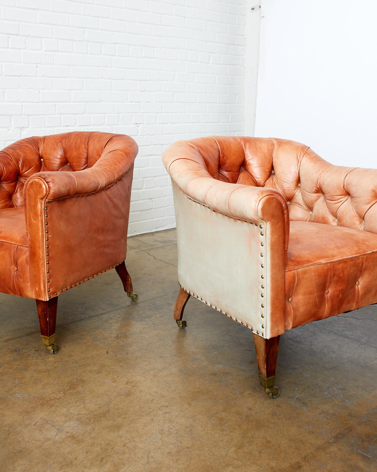 Pair of English Tufted Leather Chesterfield Club Chairs 8