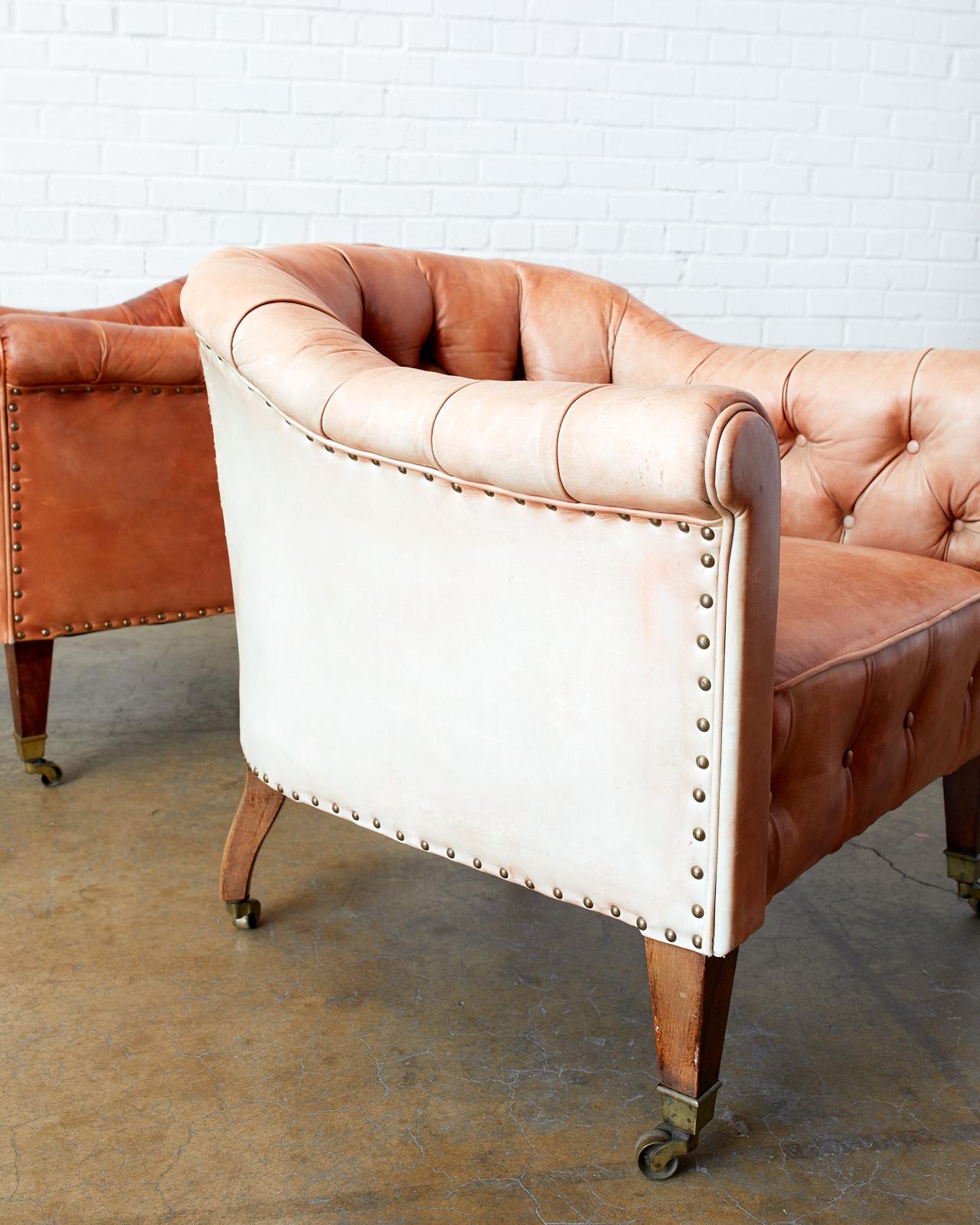 Pair of English Tufted Leather Chesterfield Club Chairs 9