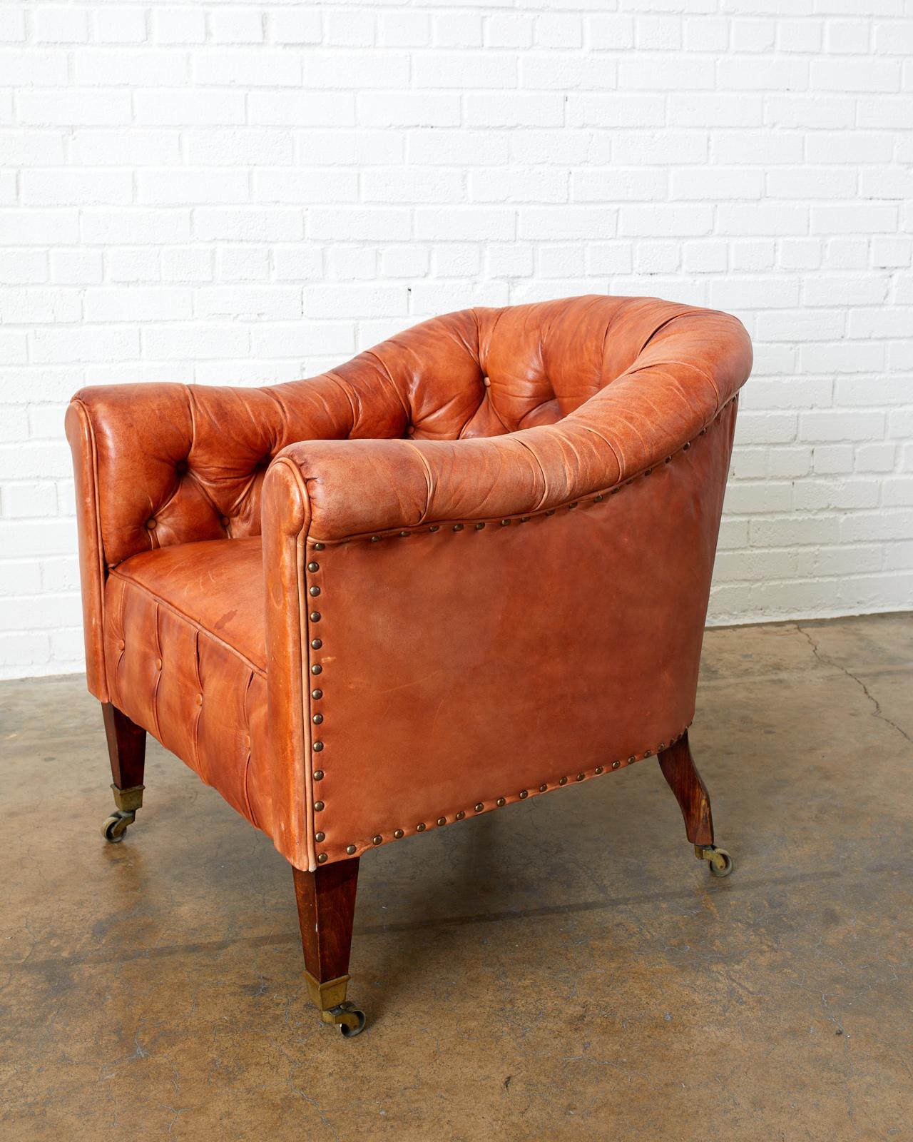 Hand-Crafted Pair of English Tufted Leather Chesterfield Club Chairs