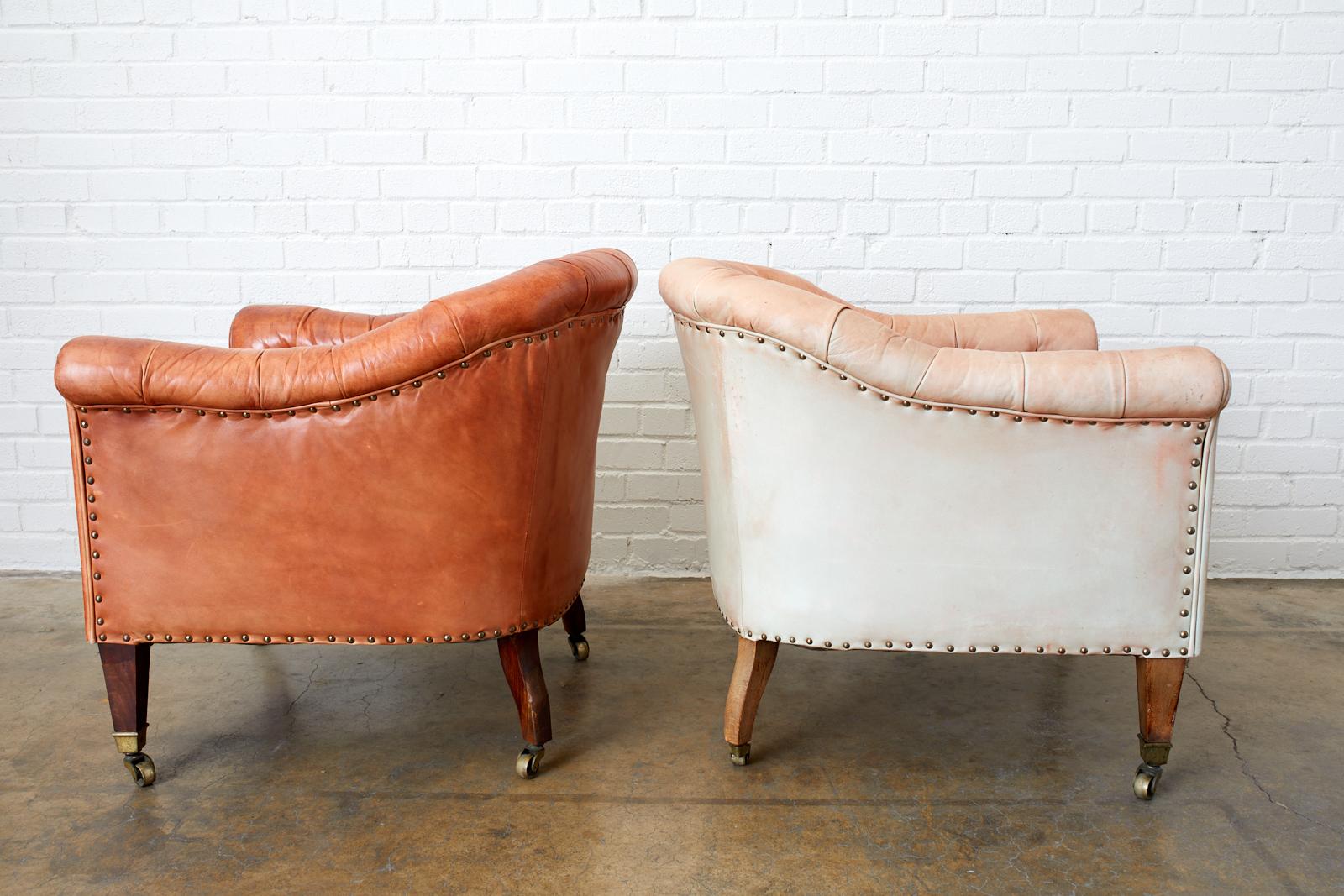 Pair of English Tufted Leather Chesterfield Club Chairs In Distressed Condition In Rio Vista, CA