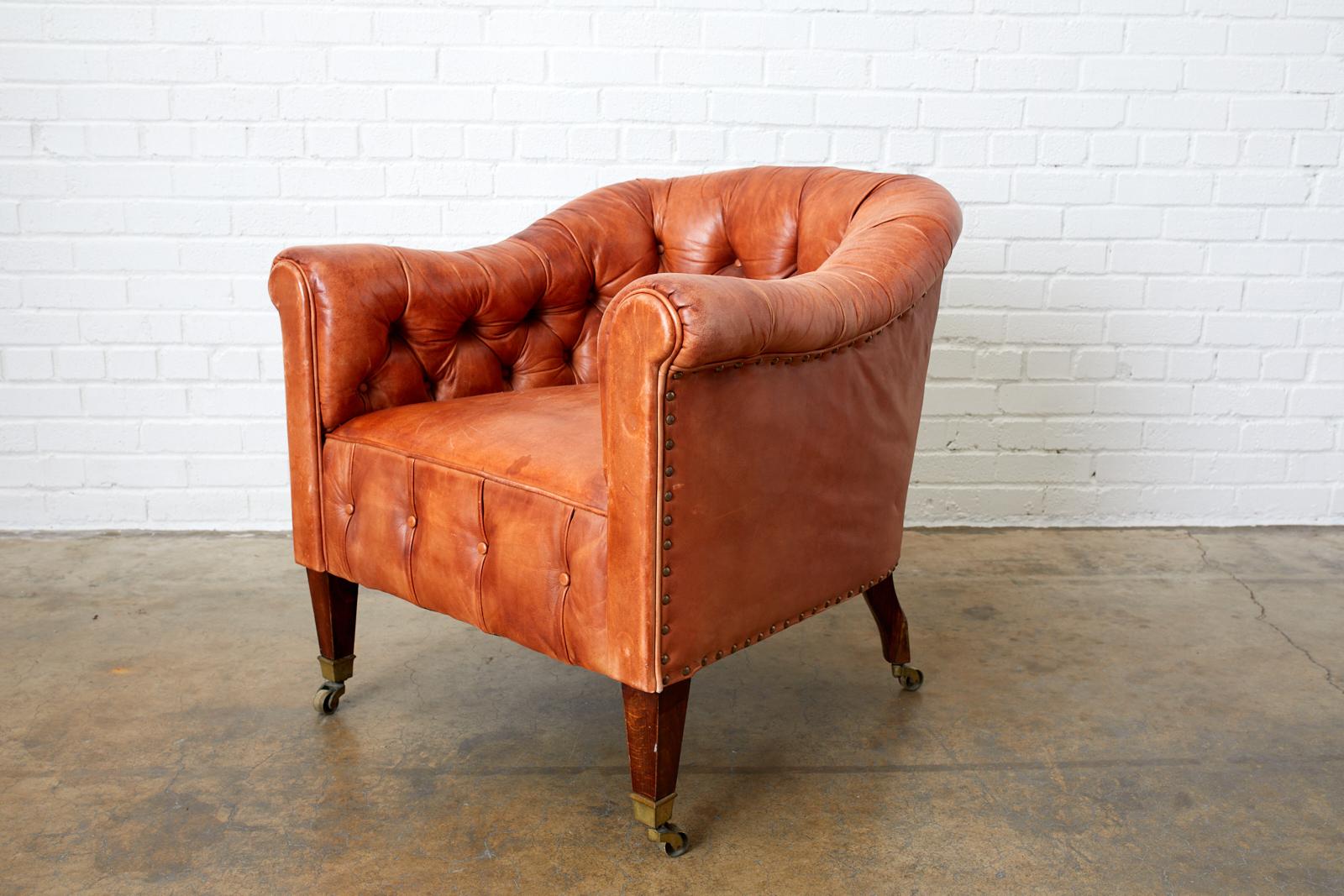 19th Century Pair of English Tufted Leather Chesterfield Club Chairs