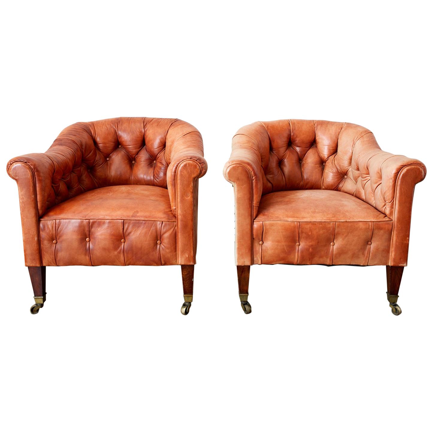 Pair of English Tufted Leather Chesterfield Club Chairs