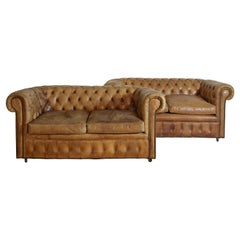 Pair of English Tufted Leather Sofas, Late 19th to Early 20th Century