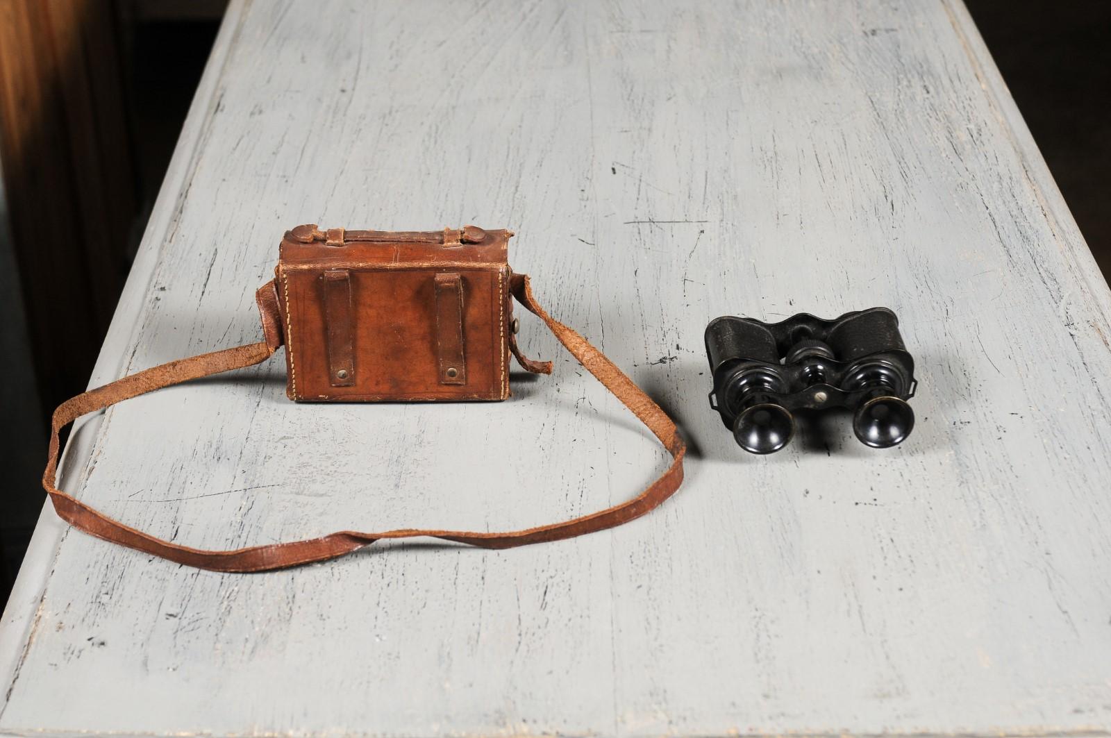 Metal Pair of English Turn of the Century 1900s Binoculars with Original Leather Case