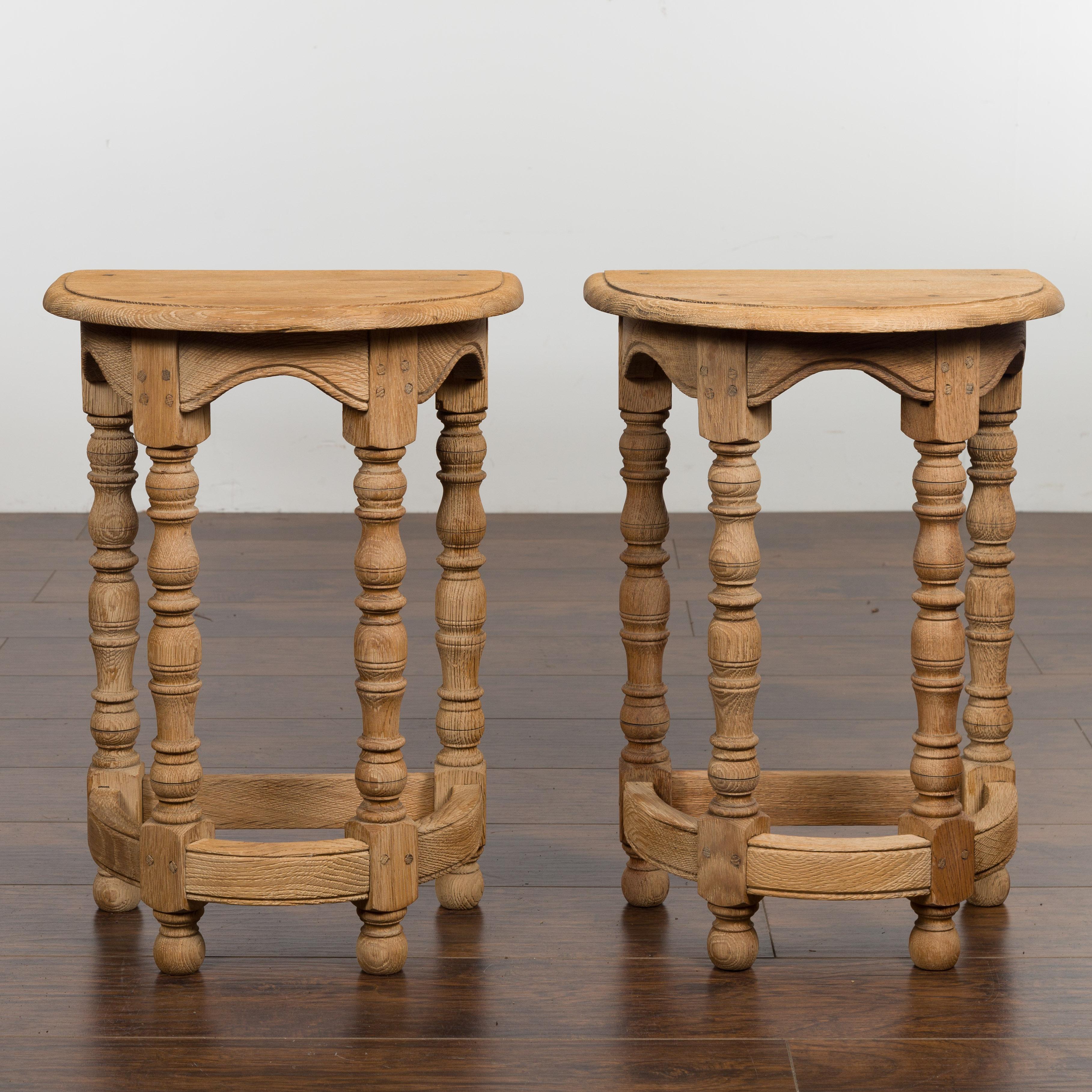 Turned Pair of English Turn of the Century 1900s Bleached stools with Natural Patina