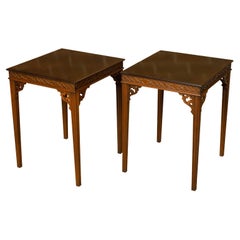 Antique Pair of English Turn of the Century Mahogany Side Tables with Carved Aprons
