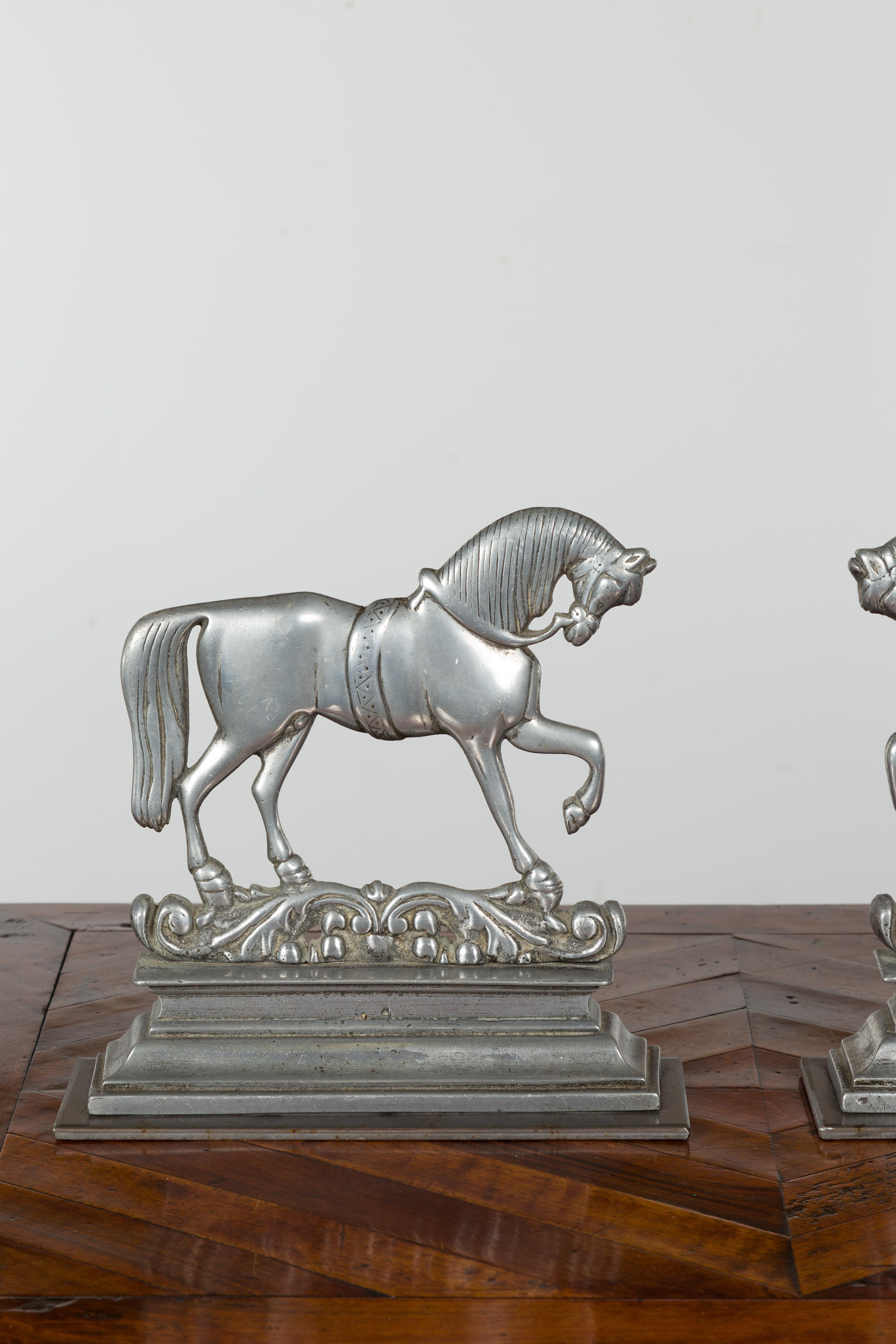 Pair of English Turn of the Century Metal Bookends Depicting Prancing Horses For Sale 1