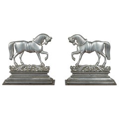 Antique Pair of English Turn of the Century Metal Bookends Depicting Prancing Horses