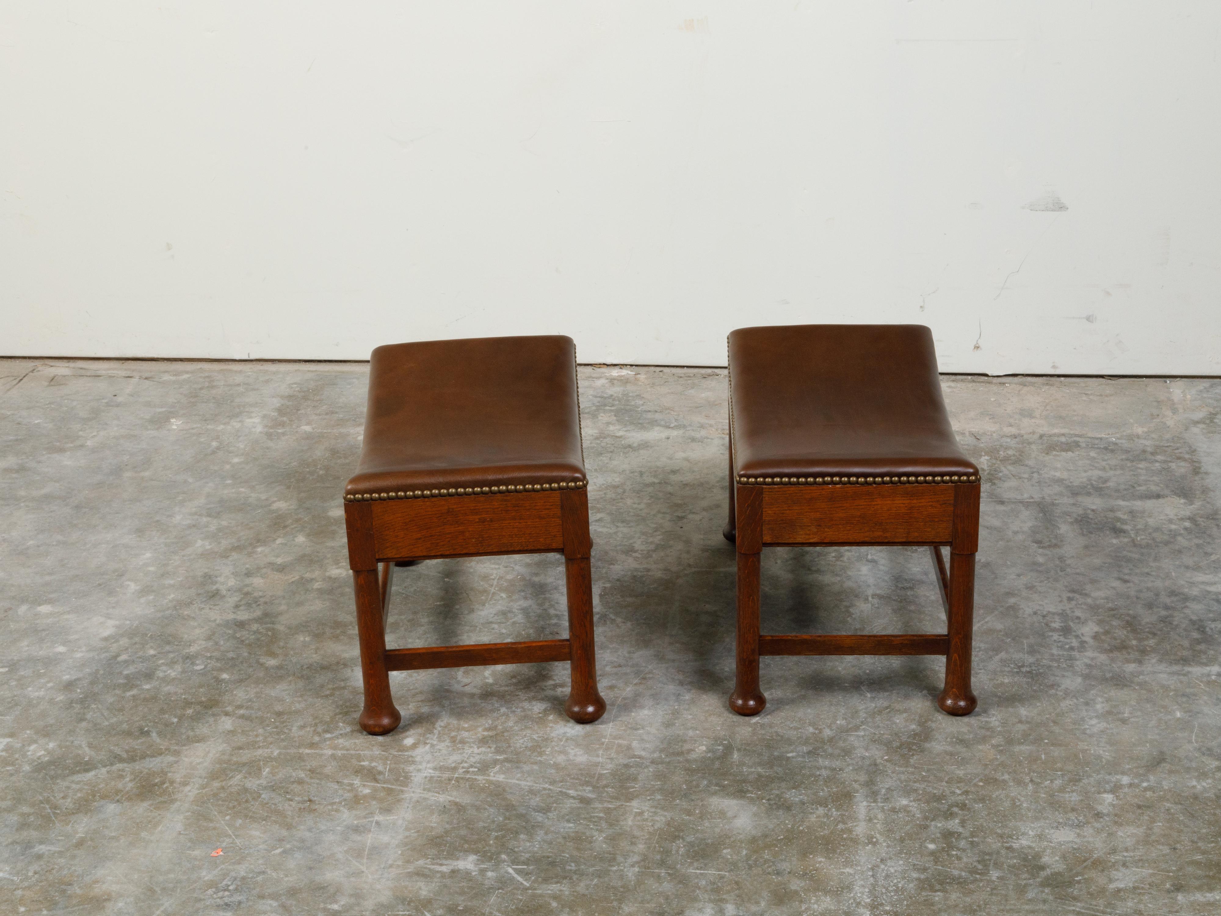 20th Century Pair of English Turn of the Century Upholstered Stools with In-Curving Seats