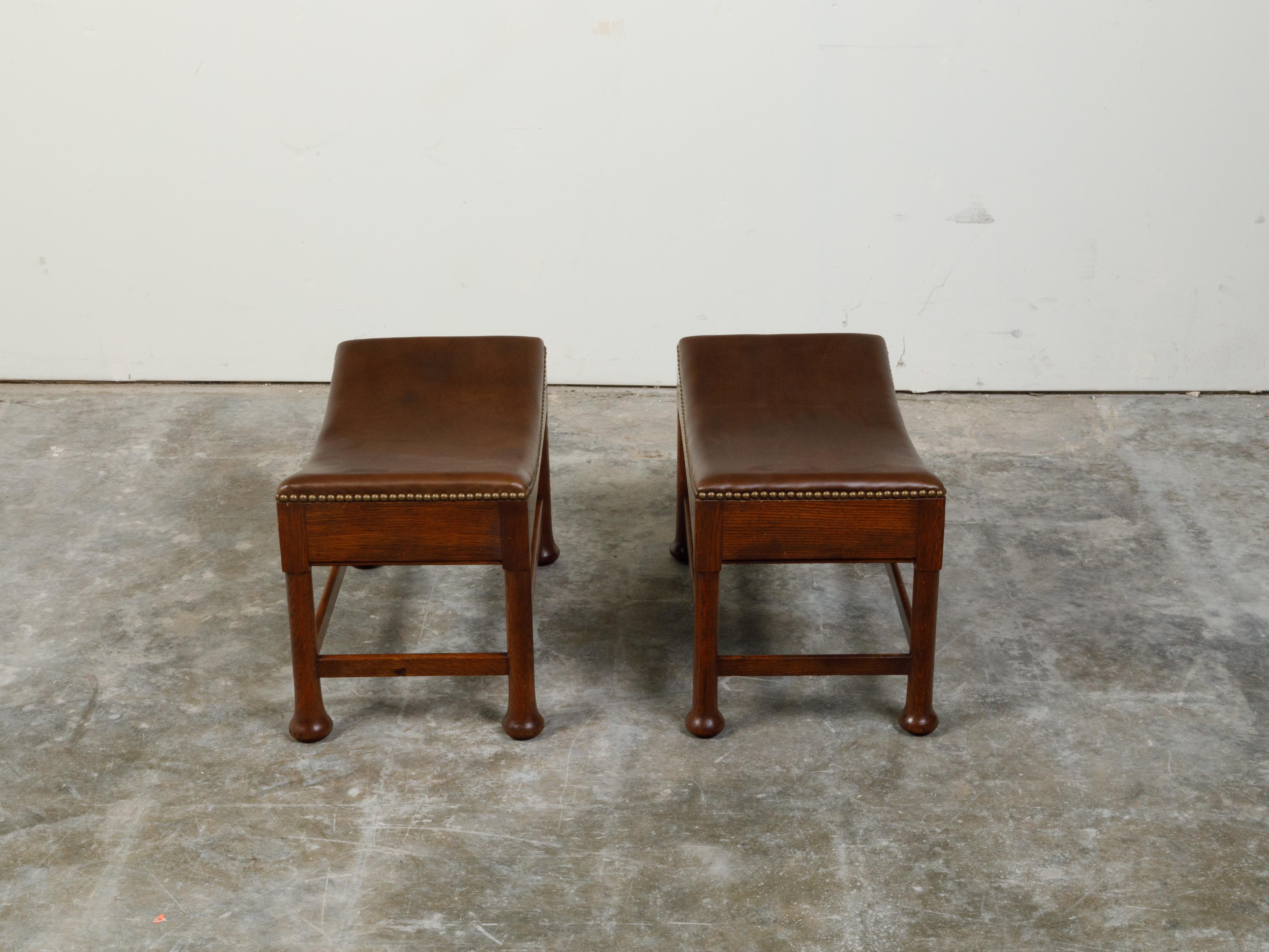 Pair of English Turn of the Century Upholstered Stools with In-Curving Seats 1