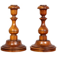 Pair of English Turned Fruitwood Candlesticks