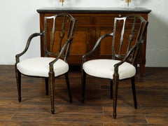 Pair of English Upholstered Armchairs with Hand-Painted Foliage and Floral Décor