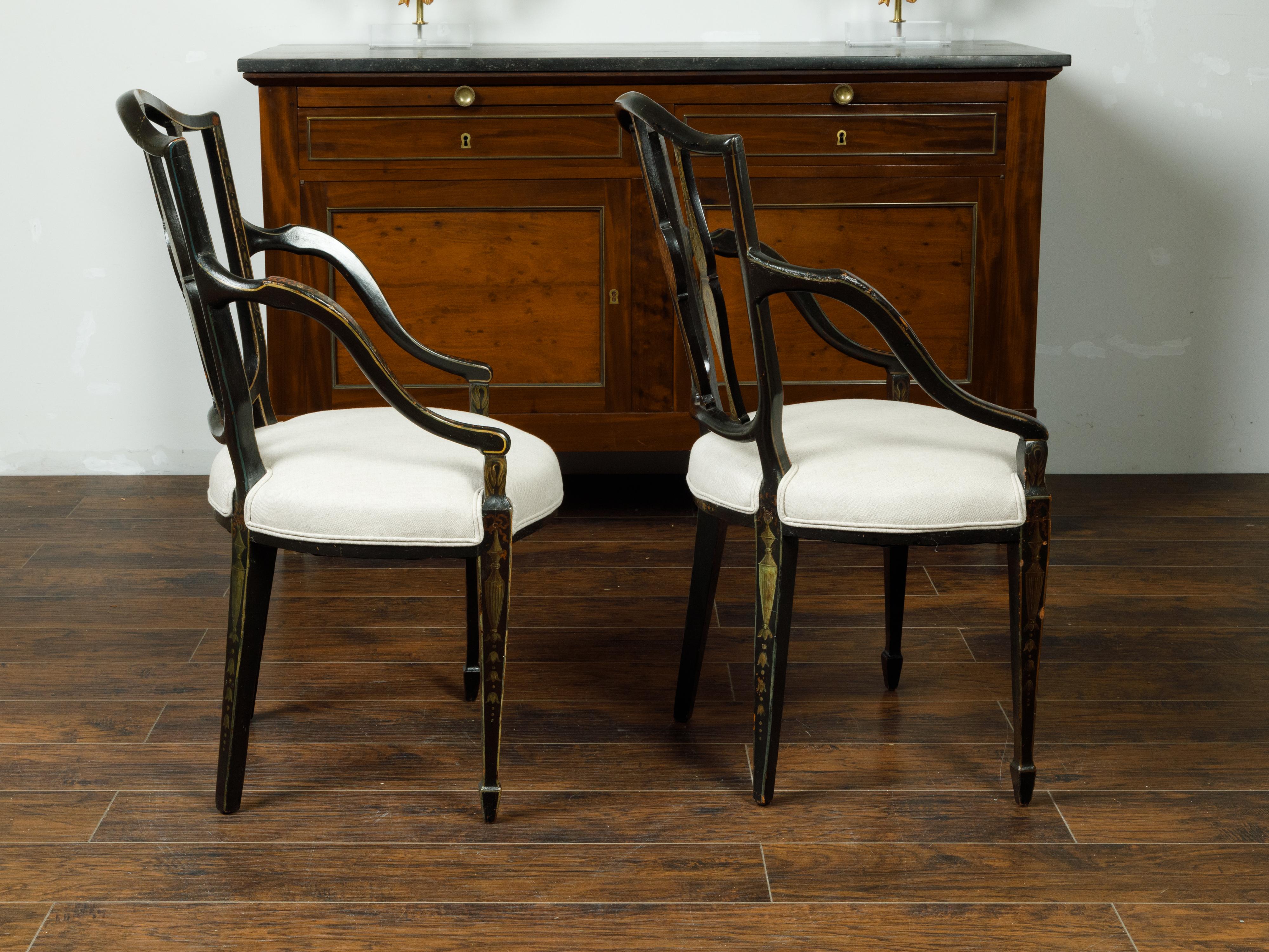 19th Century Pair of English Upholstered Armchairs with Hand-Painted Foliage and Floral Décor For Sale