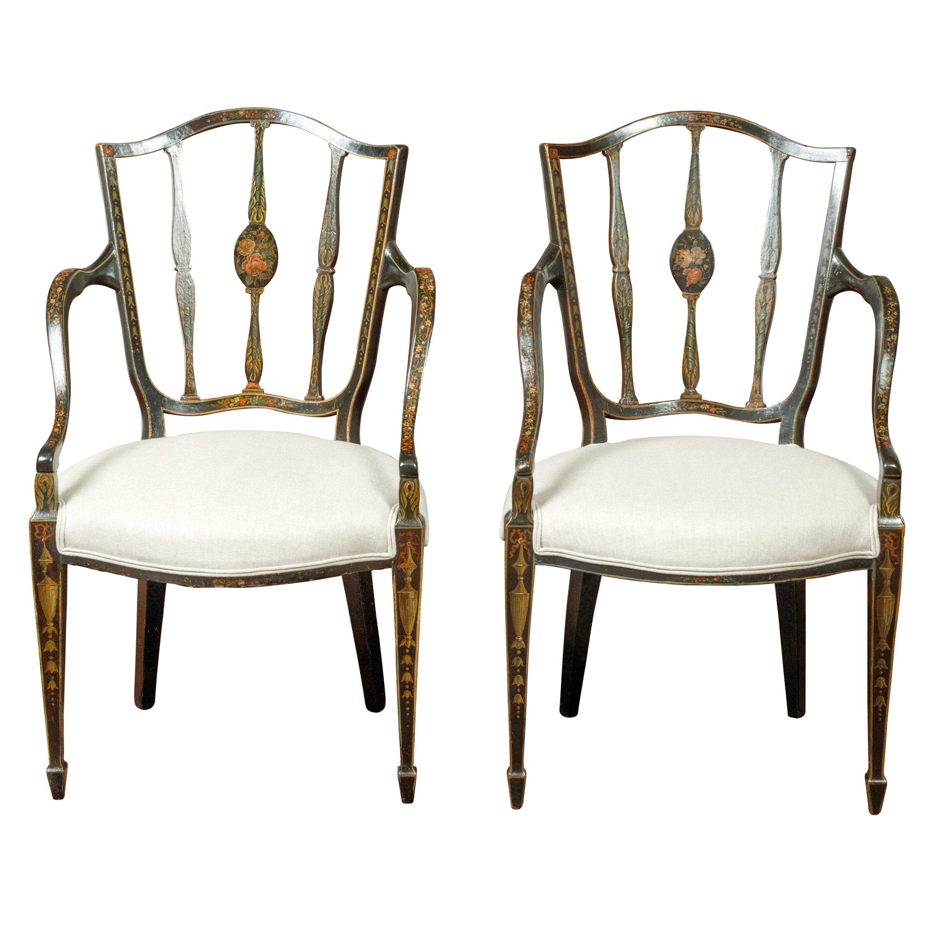 Pair of English Upholstered Armchairs with Hand-Painted Foliage and Floral Décor