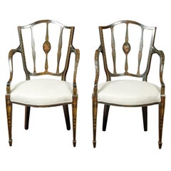 Antique Pair of English Upholstered Armchairs with Hand-Painted Foliage and Floral Décor