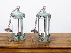 Pair of English Verdigris Copper Alloy Hall Lanterns, Late 19th Century