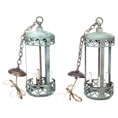 Pair of English Verdigris Copper Alloy Hall Lanterns, Late 19th Century