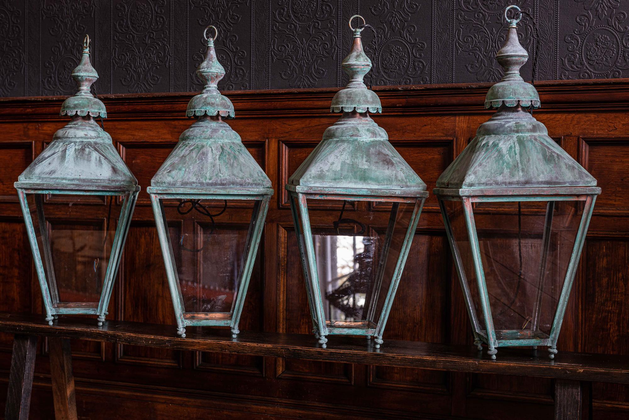 Pair of English Verdigris Copper Lanterns In Good Condition In Staffordshire, GB