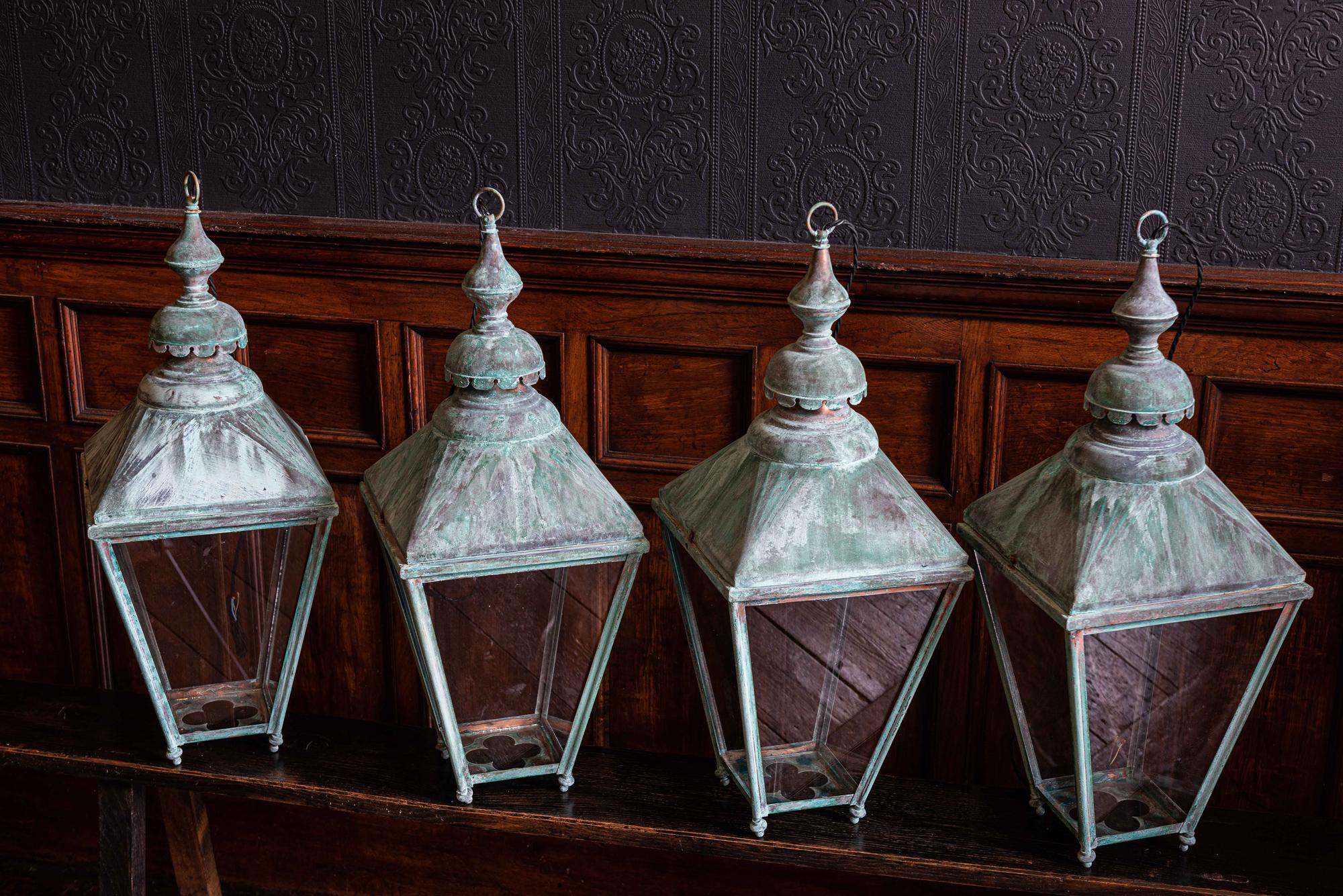 Pair of English Verdigris Copper Lanterns 1