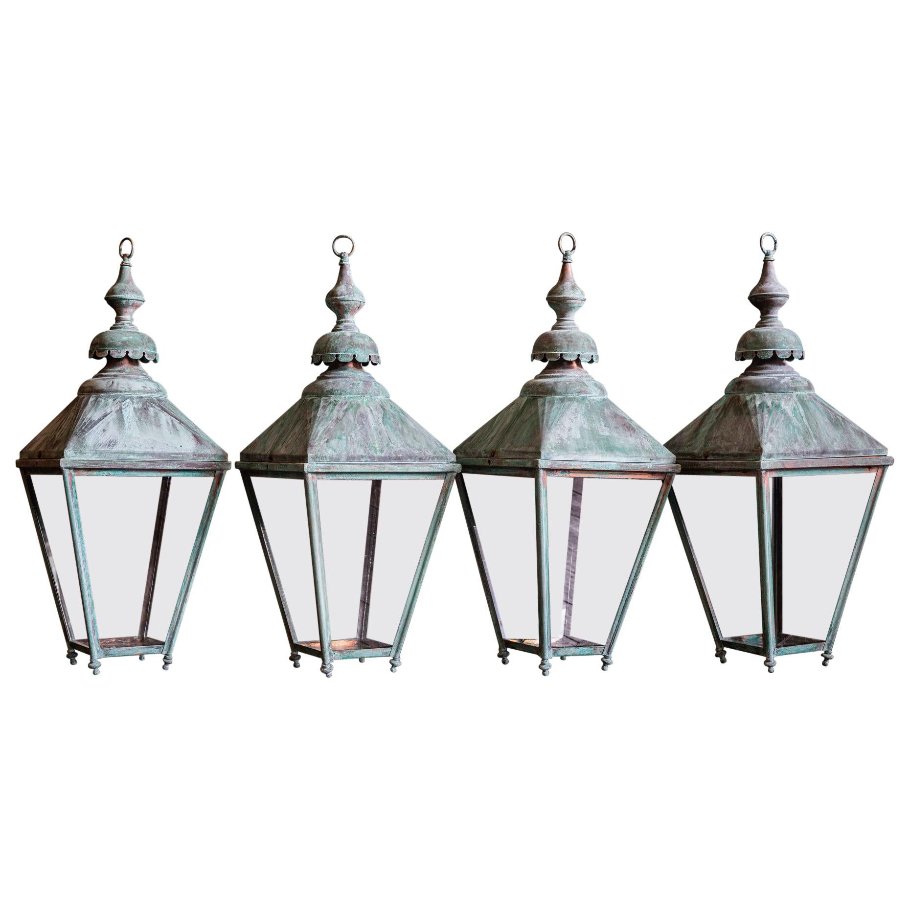 Pair of English Verdigris Copper Lanterns