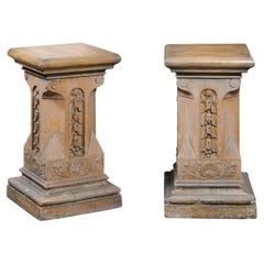 Used Pair of English Victorian 1870s Terracotta Pedestals with Campanula Motifs