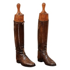 Antique Pair of English Victorian 1890s Leather Laced Riding Boots with Boot Trees