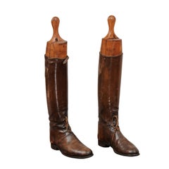Pair of English Victorian 1890s Leather Laced Riding Boots with Boot Trees