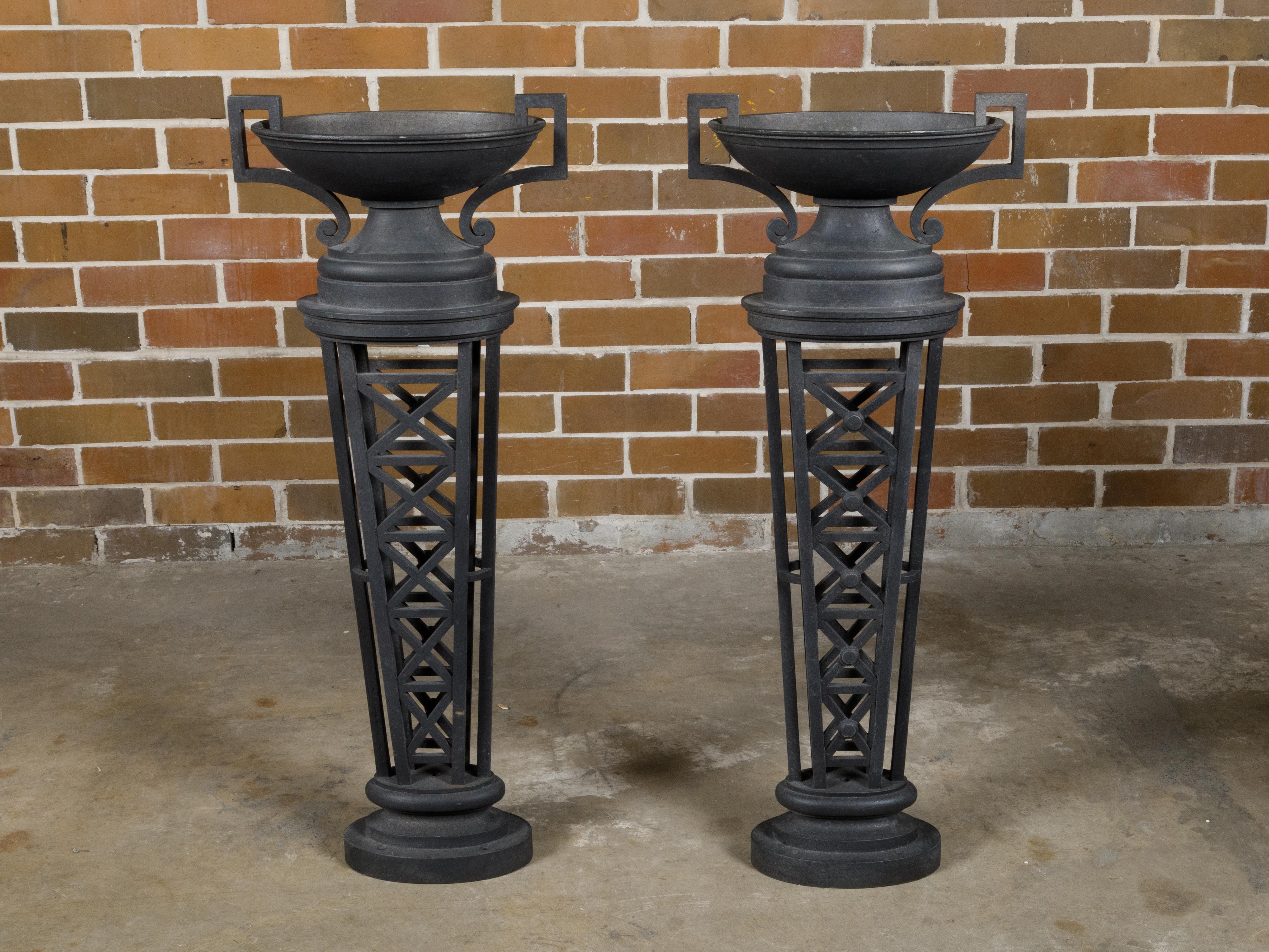 Pair of English Victorian 19th Century Cast Iron Planters with Neoclassical Urns For Sale 8