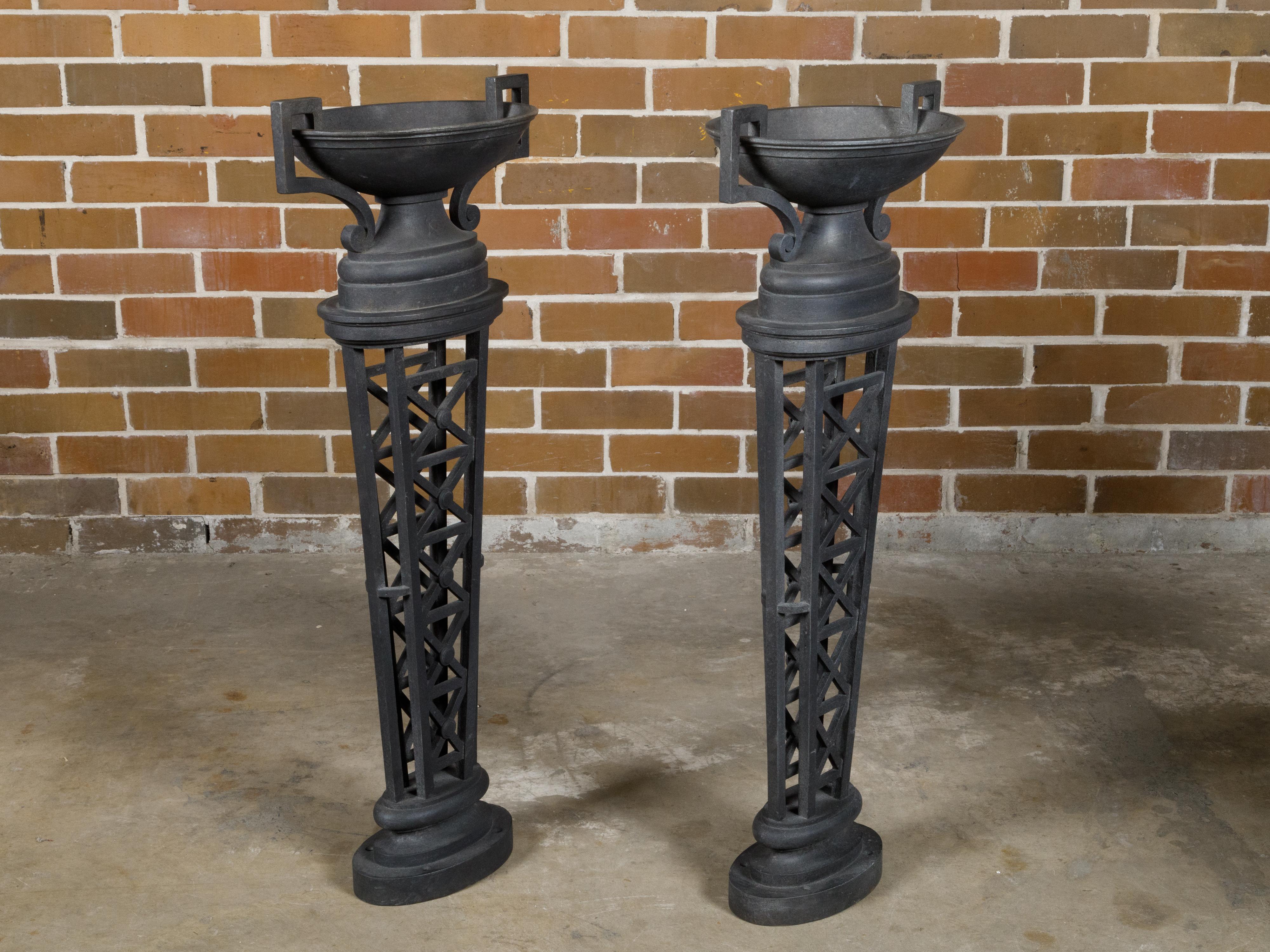 Pair of English Victorian 19th Century Cast Iron Planters with Neoclassical Urns For Sale 10