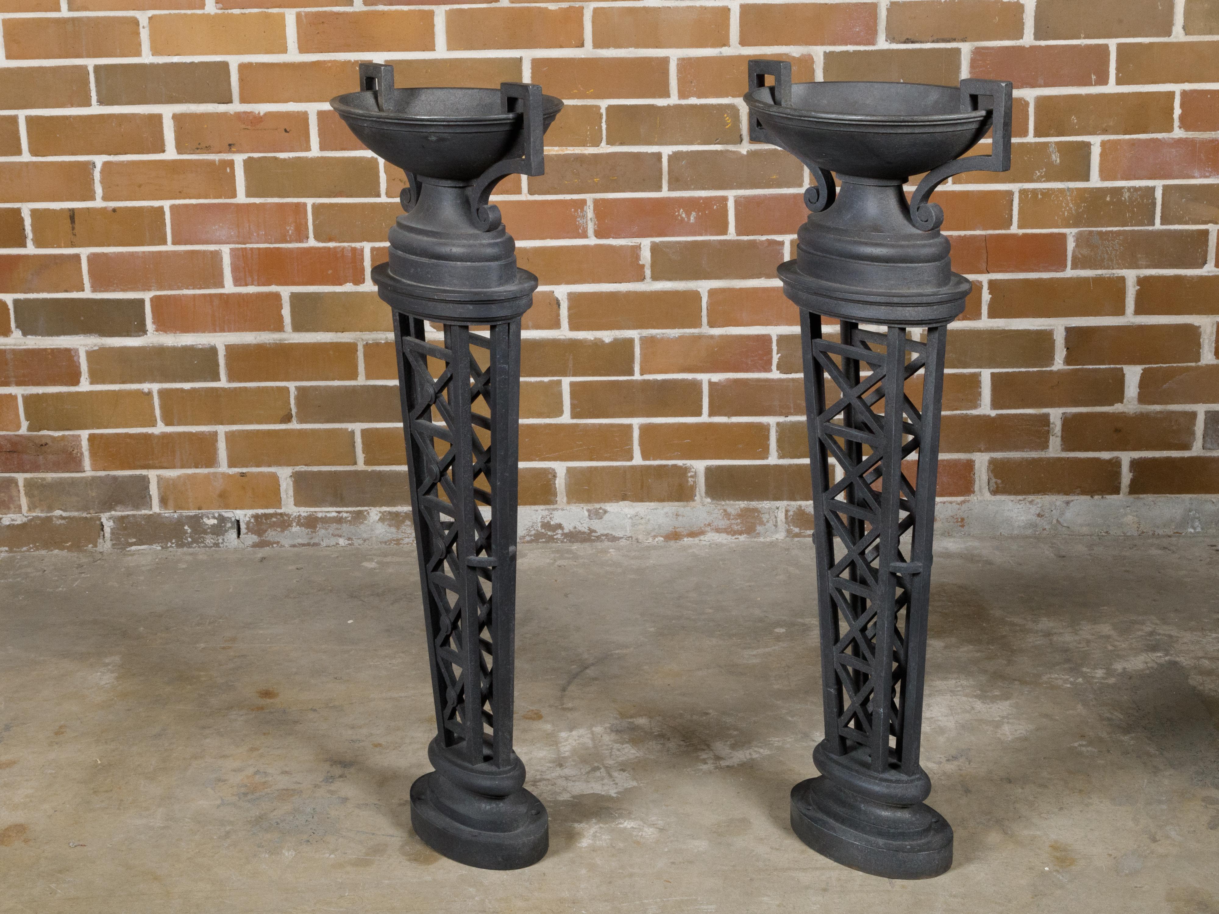 Pair of English Victorian 19th Century Cast Iron Planters with Neoclassical Urns For Sale 6